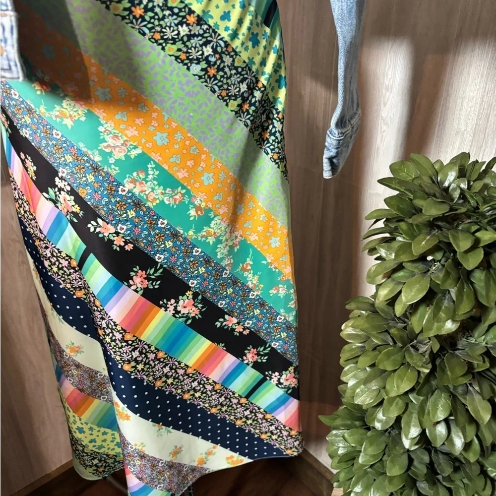 Steve Madden Charmeuse Midi Slip  Skirt Patchwork Floral Size L